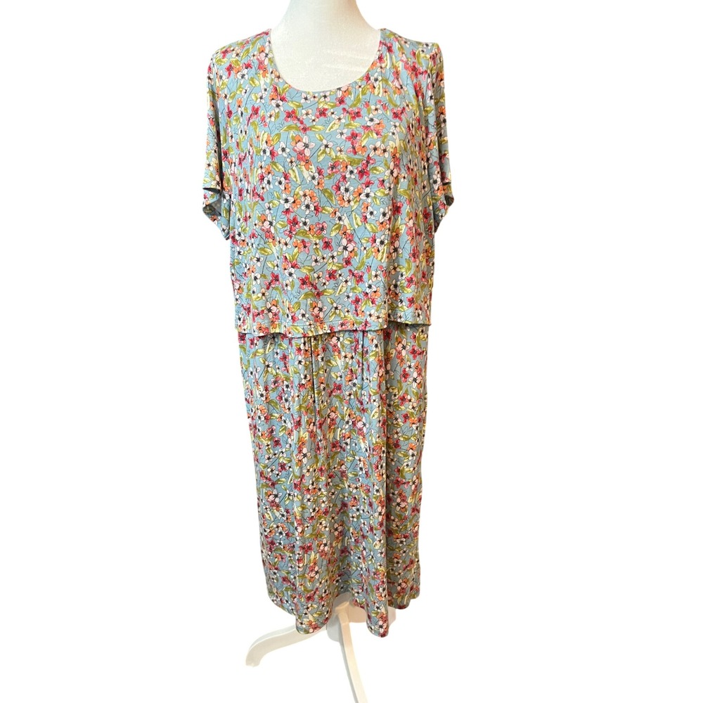 J. Jill Blue Floral Two-Piece Look Midi Dress Large Short Sleeve Rayon Knit